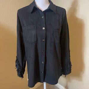 Velvet Heart black suede like fringed blouse size medium